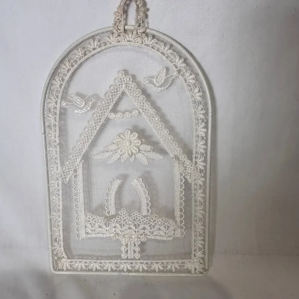 Vintage Hand Embroidered White Lace Plaque Birdhouse Window Shaped Frame Decor